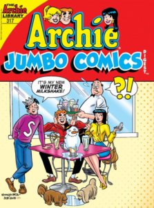 Jughead Jones stands beside a pink formica table at Pop's Chok'lit Shop. In the foreground is a dripping vanilla milkshake filled with large scoops of vanilla ice cream. It has a carrot, branch arms and dotted eyes and mouth, making it a snowman - as Jughead confirms by informing everyone that the shake is 'a Winter Showshake'. Veronica and Pops react with shock, and Archie laughs uproariously