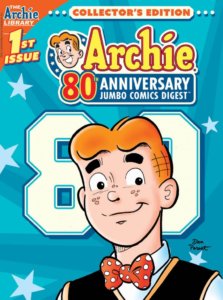 A close-up on Archie Andrews in his classic outfit before a blue backdrop and the number 80 in white letters