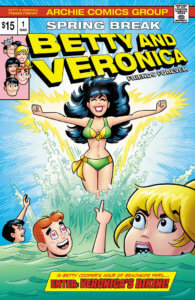 In a Parody of a famous X-Men cover, Veronica Lodge emerges from the waves in a green and yellow x-menish bikini. In chin-high water, Betty Cooper looks disgusted in the foreground, while Archie Andrews and Reggie mantle point at Veronica and exude heart eyes