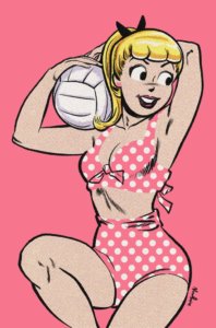 A blonde, white-skinned girl with a black bow in her hair holds a volleyball perched upon her right shoulder and poses in a pink and white polka dot bikini before a pink background