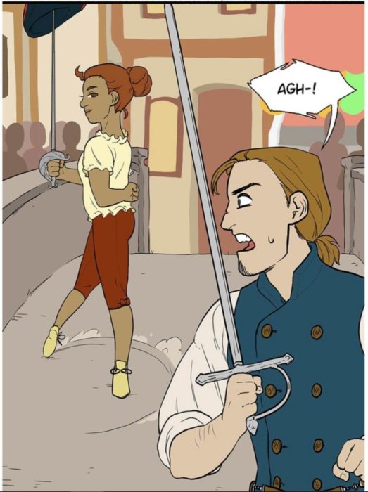 Panel from Heir's Game showing Sevilia stealing her opponent's hat to be annoying.