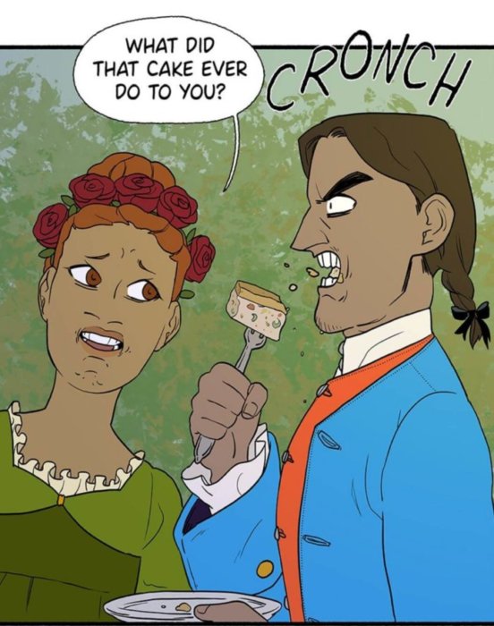 Panel from Heir's Game of Isran angrily eating a piece of cake and Sevilia asking "what did that cake do to you?"