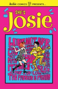 Josie McCoy - a redheaded white teenager wearing mod fashions - seems to be caught mid-step in her boots and stockings and black and green checked mini-dress. he's dancing with a brunet, white teenage boy in a yellow day-glow suit. The background is blue with bright pink letters in mod writing