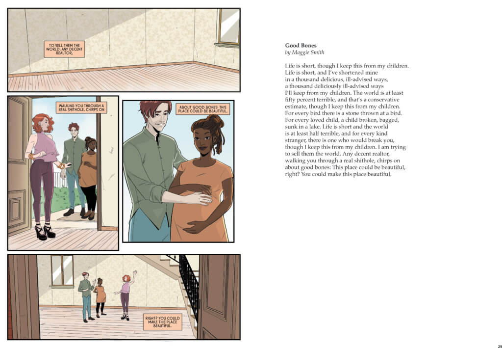 A pregnant couple are shown a new home by a real estate agent in the poem Good Bones