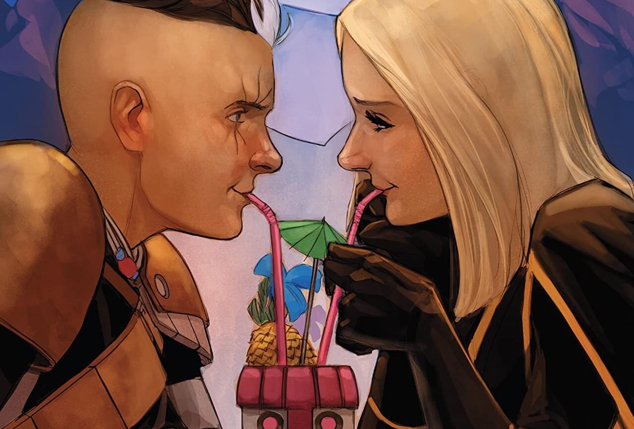 Kid Cable and a blond young woman share a drink with two straws