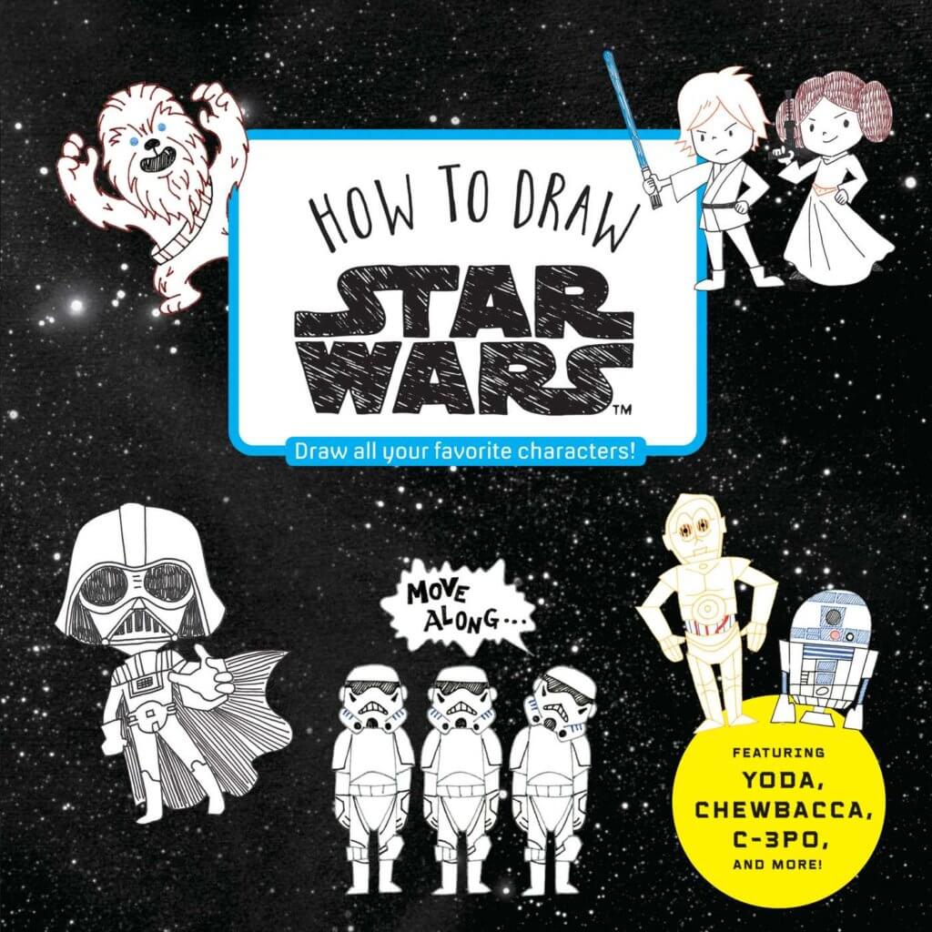 The cover of How To Draw Star Wars, including examples of the cute ink drawings that you can learn in this book, of various SW characters
