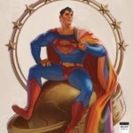 Superman holding a Pride flag over his shoulder