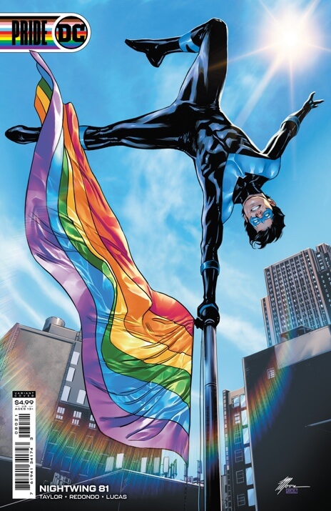 Nightwing balancing on a Pride flagpole