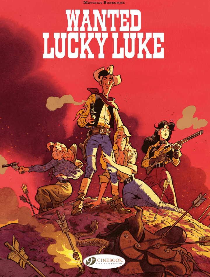 Lucky Luke the cowboy stands on a hill surrounded bythree women with guns and rifles