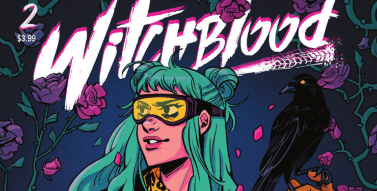 The cover to Witchblood #2, showing Yonna, a teal-haired witch, surrounded by roses.