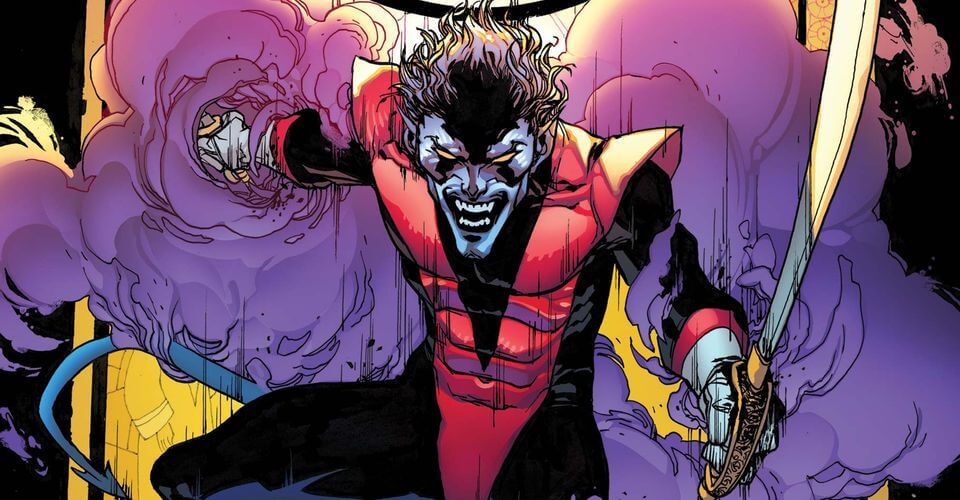 Nightcrawler leaps forward wielding a sword and a wicked grin