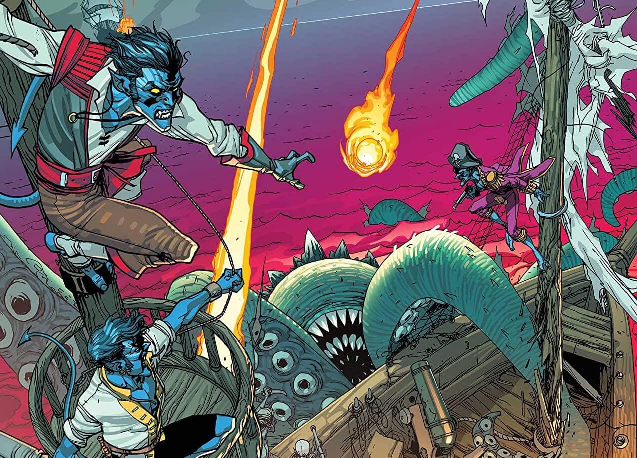 A pirate ship is attacked by a tentacled monster. The crew, all Nightcrawler, fight it off