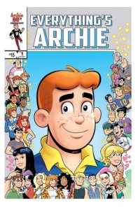 Archie Andrews, a teenager in a blue and gold shirt and sweater combo, stands before a blue backdrop and smiles. He's surrounded by images of his friends, enemies, and family.