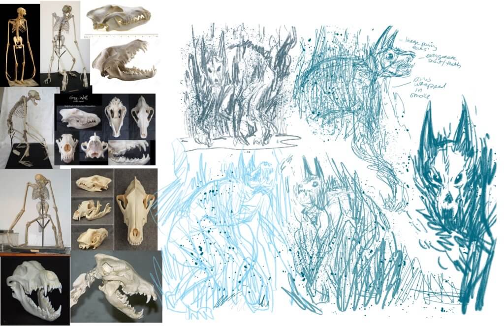 Sketches of wolf-like monsters beside wolf skulls