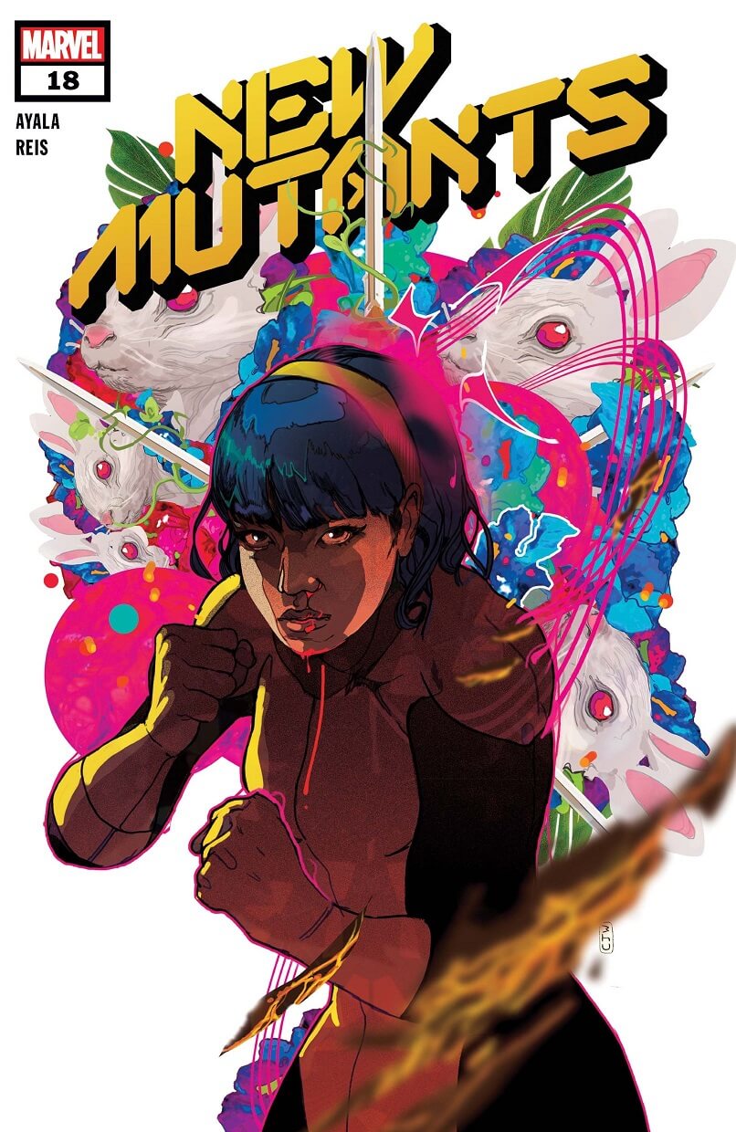 Cover of New Mutants #18, art by Christian Ward. Karma stands in a fighting post, her fists up. Her eyes are bloodshot and her face is shadowed. Surrounding her in a psychadelic background are repeating white rabbits, just their heads, ears, and red eyes visable. Marvel, 2021.