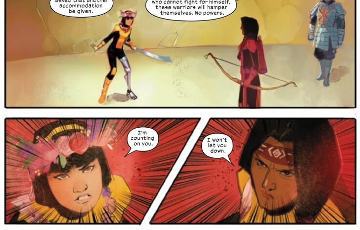 A three panel sequence from New Mutants #18, art by Rod Reis, writing by Vita Ayala, Marvel, 2021. The top panel is Karma and Moonstar in the arena for the Crucible, their word balloons half cut off. The bottom left panel is a close up on Karma's face as she say, "I'm counting on you." Dani responds in the next panel, saying "I won't let you down."
