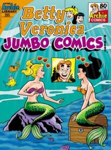 White brunette teenager Veronica Lodge and white blond teenager Betty cooper are pictured as Mermaids, sitting at the bottom of the ocean and wearing a purple and a golden clamshell bra, respectively. Surrounded by hearts and fish, they moon over a pin-up of white, redheaded teenager archie andrews, who stands before a yellow backdrop.