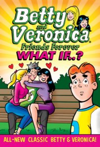 Redheaded white teenager Archie Andrews wears a yellow shirt with a blue collar and white sleeves and looks bewildered into the camera as jughead Jones sits on a park bench, white brunette Veronica Lodge and blonde Betty cooper. Betty wears a pink sweatshirt and jeans and Veronica wears purple sweater and skirt set. They're surrounded by hearts as they make out.
