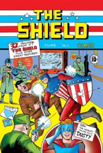 A blue and red and white spangled superhero punches out Adolf Hitler in a very 1940s-style scene