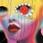 A feminine face wearing a mask; one eye is covered with a button and surrounded by pearls