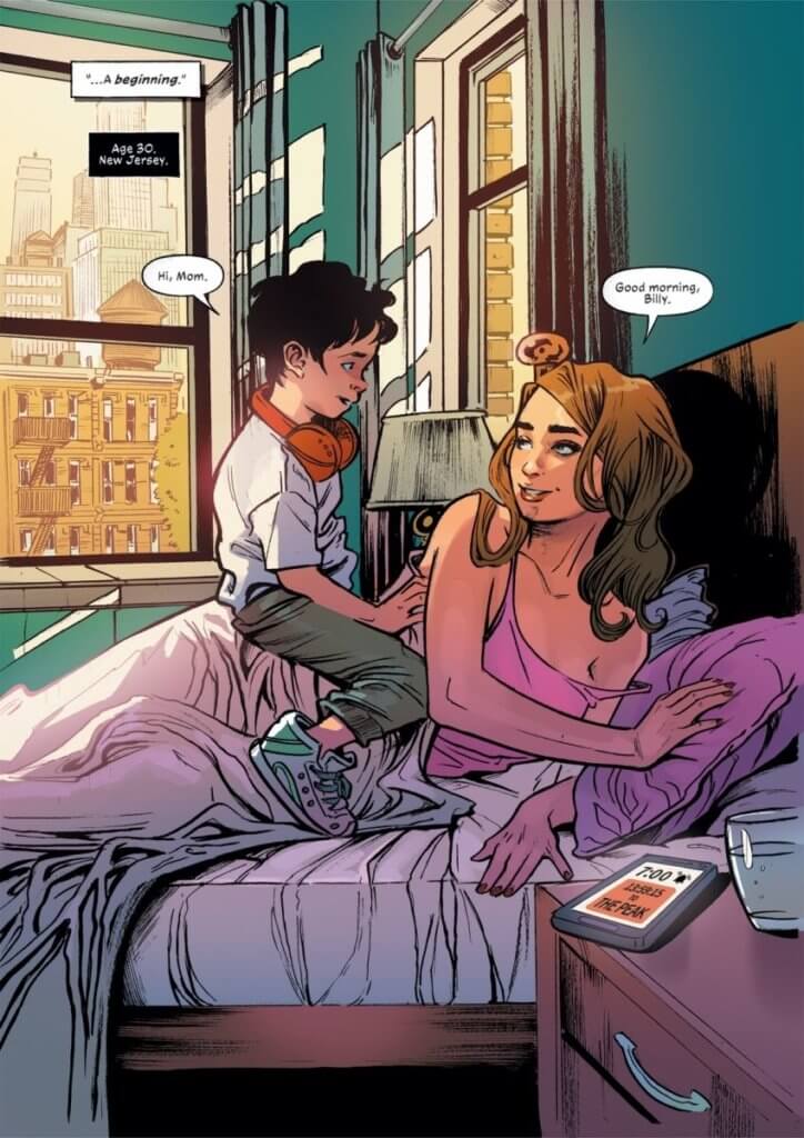 Page from Mother of Madness #1 showing Maya going about her normal day - waking up and talking to her young son, who is sitting on top of her in the bed