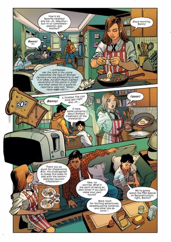 Page from Mother of Madness #1 showing Maya going about her normal day - Maya makes breakfast for her son and a male friend