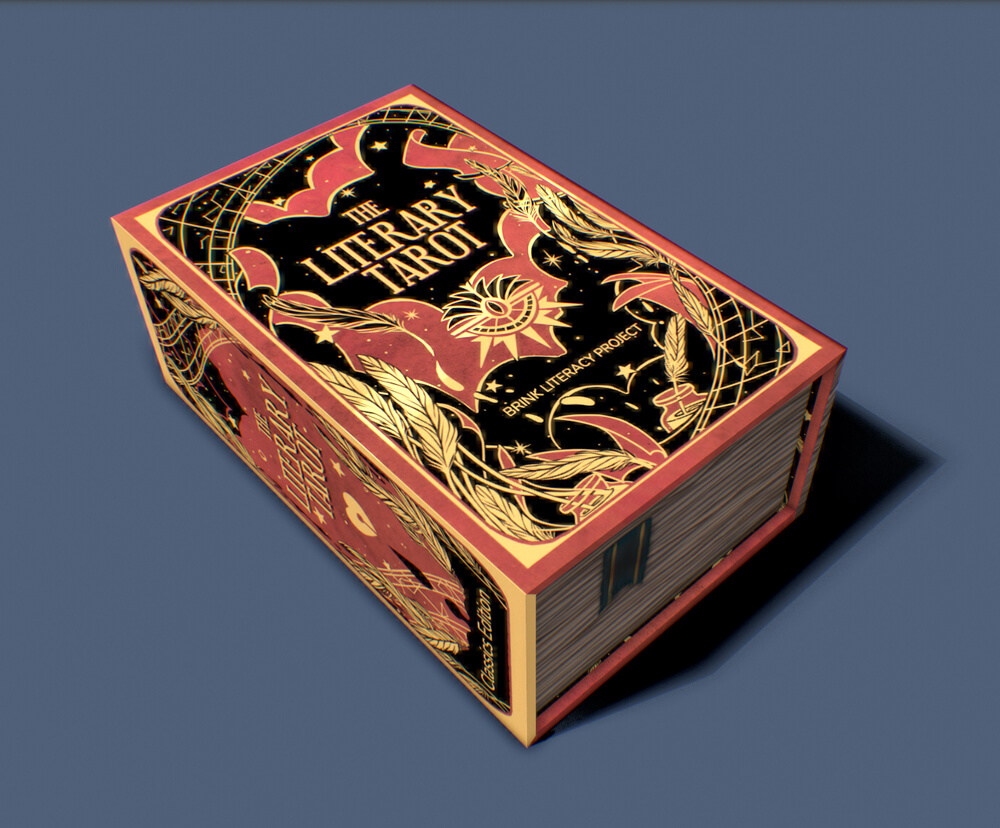 A preview of the Literary Tarot box, which looks like a thick tome