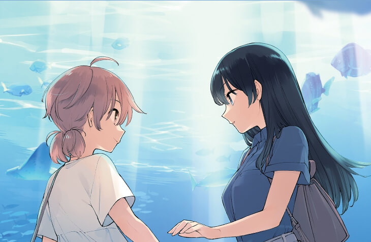 cropped cover of bloom into you volume 5 depicting the protagonists at an aquarium