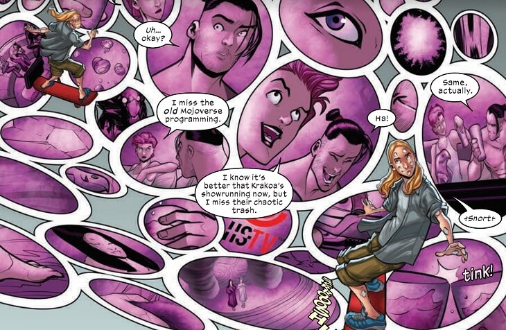 Eye Boy skates through the Boneyard, and pink-toned bubbles appear behind him, containing Rachel and Daken talking about television. The bubbles symbolize what Eye Boy is seeing.