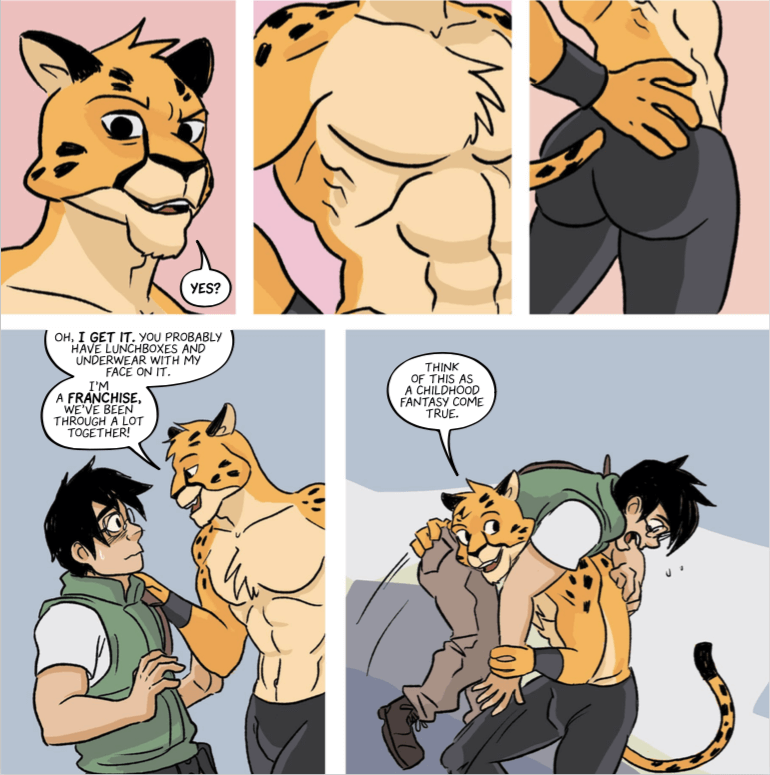 A series of panels admiring the physique of a leopard catboy, who then grabs Ken and tosses him over his shoulder, saying "Think of this as a childhood fantasy come true"