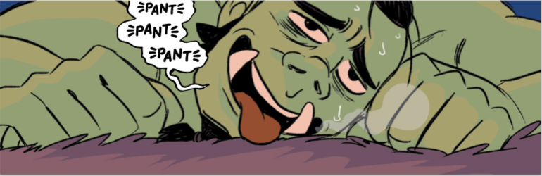 A close-up on the panting sex-face of an orc NPC with green skin and tusks