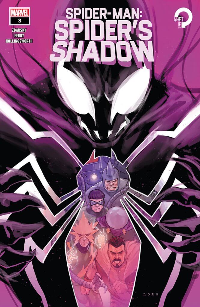 A black-skinned alien creature with large white eyes looms over a crystalline purple-toned spider symbol. Within the spider-shaped symbol the members of Peter's sinister six dwell within it. its black claws reach out to embrace the spider-shaped insignia