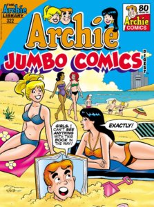 veronica lodge and betty cooper lounge on the beach and talk amongst themselves. Buried up to his neck in the sand is Archie Andrews, who is upset about them using him as a bookrest