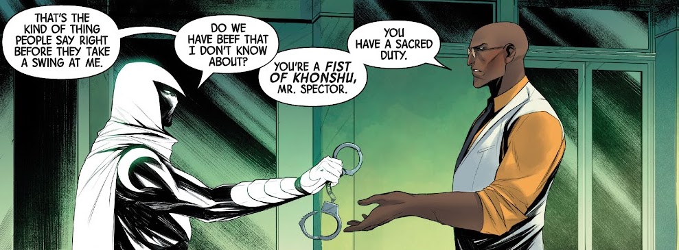 Panel from Moon Knight #1 by writer Jed MacKay, artist Alessandro Cappuccio, colorist Rachelle Rosenberg, and letterer Cory Petit depicting Moon Knight and Dr. Badr in conversation