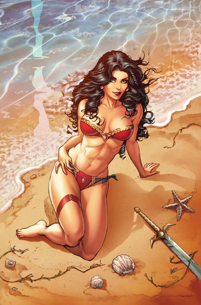 A brunette with long curly hair lounges on a beach, surrounded by seashells and a sword
