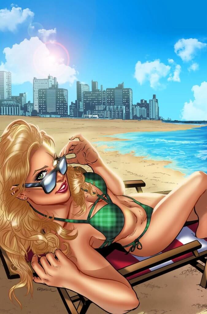 A blond haired woman wearing a green bikini tips down her glasses as she lounges on a chair, looking back over her shoulder