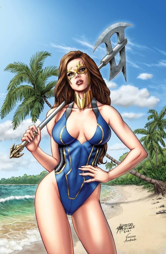 A woman in a blue one piece swimsuit holding a large axe over her shoulder