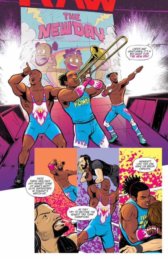 Panel art for The Power of Positivity which features three adult muscular Black men - the tag team New Day - approach a wrestling ring. They wear colorful blue and pink and white tights and are shown wrestling