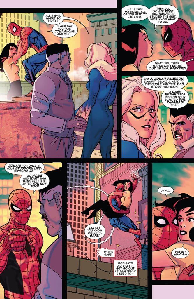 Comic Panel Art from Spider-Man: The Spider's Shadow #4 in which Black Cat and J. Jonah Jameson confer as Peter and MJ Watson arrive. Peter vows to get MJ home safe while Felicia agrees to take JJJ home. C 2021 Marvel Comics