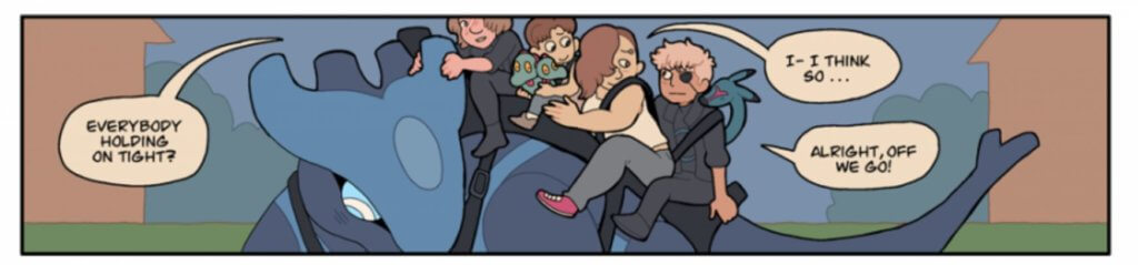 Bina and Abel rescuing some people from ghosts by giving them a ride on Ayo.