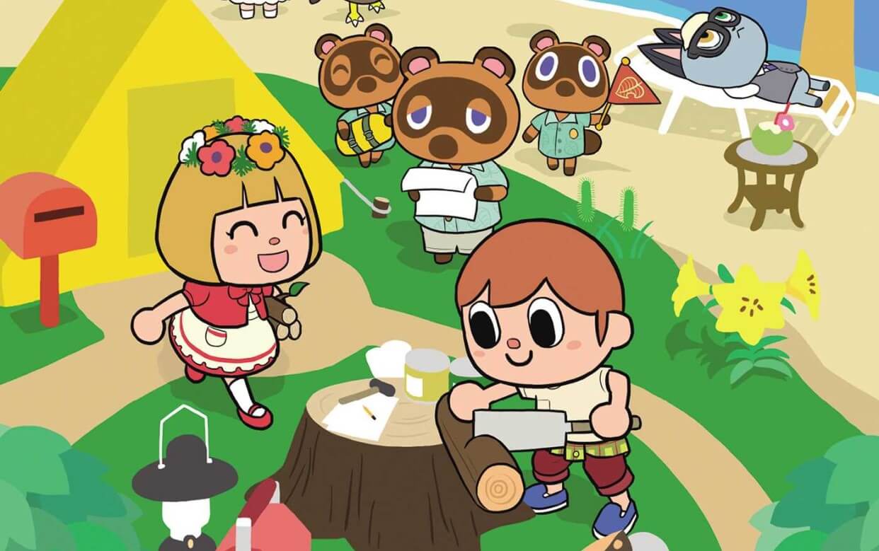 Animal Crossing characters having fun on the beach, crafting things and cutting logs by their tent