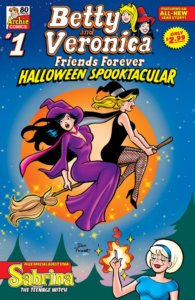 Veronica Lodge - a white, dark-haired teenager wearing a sweeping ankle-length purple witch's robe and hat - gasps in amazement as the broom she and her best friend are riding takes off. Betty Cooper - a thin white blonde teenager- sits before her with a much more enthusiastic expresson on her face, holding on to the broom and wearing a thigh-high black dress, black fishnet stocking s and pumps, a black witch's hat with a blue ribbon on it atop her head. On the ground, white thin teenager sabrina spellman stands in the foreground, a blue headband on her head, and magical flames arising from her hand - she is clearly the one manipulating the broom to fly. Betty and Veronica hover before an orange moon and a blue sky, and Sabrina stands in a green pine forresy. The broom and it occupants are haloed by sparkles 