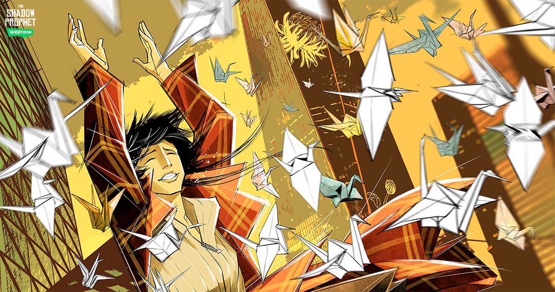 Drawing of a woman surrounded by tall buildings. Her arms are thrown up in the air with joy as paper cranes float around her