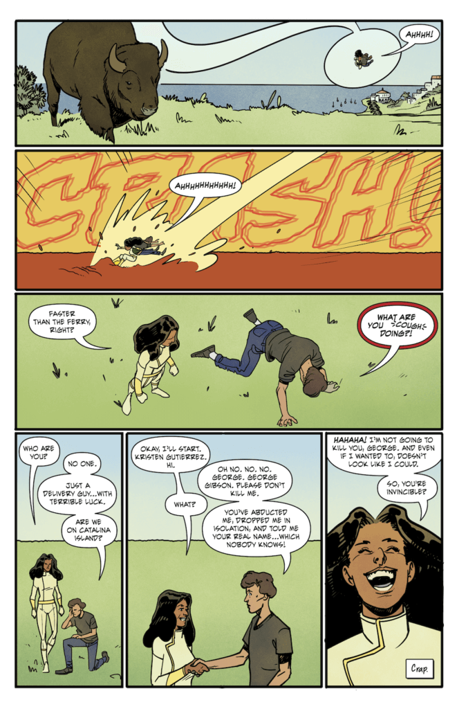 Panels from Ripple Effects where a brown-skinned woman with long black hair and a white supersuit callously torments a white-skinned man wearing jeans and a t-shirt, trying to test out her superstrength against his invulnerability.