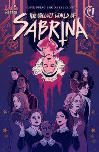 Sabrina Spellman, a white-haired teenager with wavy, shouler-length white hair, is suspended upside-down. She wears a black headband and black clothing, and there appears to be a wound of some sort upon her chest. That wound leaks a bloody miasma, which drops down to halo her hand and into the background behidn her. In a horseshoe-shaped configuration, her friends and relatives stand, backs to sabrina and eyes on the viewer. There are two golden panels with fancy designs to Sabrina's immediate right and left