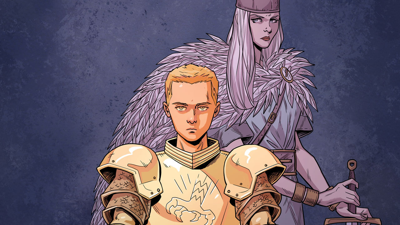 A young teenage boy in golden knight's armour holds out a sword across his palms. A woman with long white hair wearing a feathered cloak stands behind him
