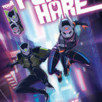 Two people in metal masks that look like a fox and a hare leap through a glowing city