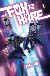Two people in metal masks that look like a fox and a hare leap through a glowing city