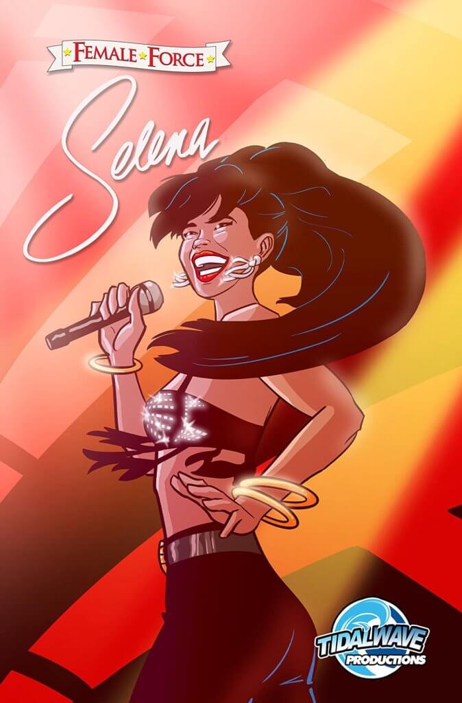 A portrait of brown-skinned, latina singer Selena, whose jet black hair is in a long ponytail which swirls over her right shoulder. She is singing with a microphone in her hand, and she wears a black bra with rhinestones on it and a pair of black pants with a brass belt. The background is a fractal shot of bars of red and yellow and pink light, like stained glass