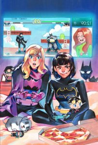 Steph and Cass playing video games as Babs screen times with them